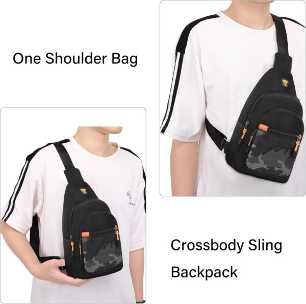 Sling Crossbody Bag, Lightweight Hiking Daypack Shoulder Chest Bag with Camouflage Front Pocket, Black
